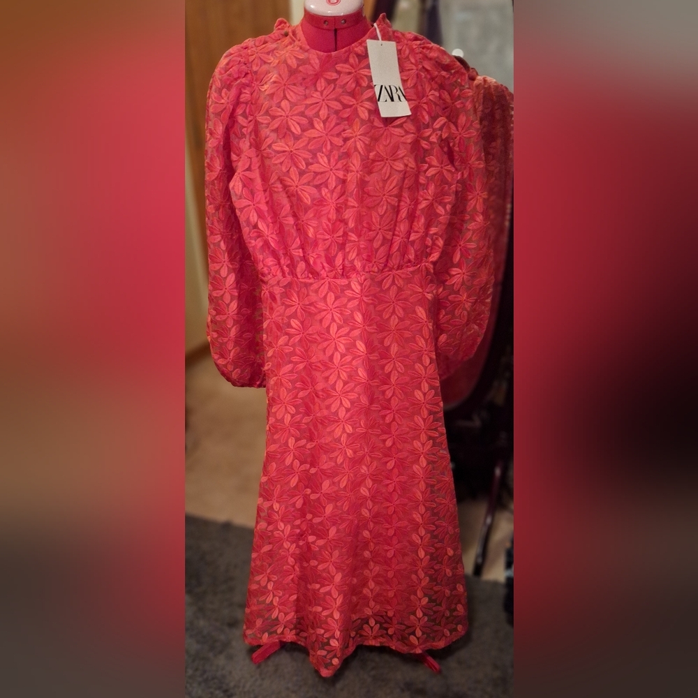 Bnwt Pretty Floral Pink Coral Zara Dress S-M See through matching slip - Picture 4 of 15